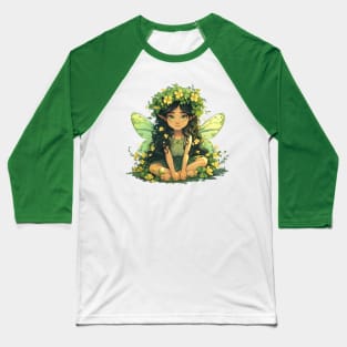 Cute Saint Patrick's Day Fairy sitting in four leaf clovers shamrocks and flowers happy St. Patricks Day Baseball T-Shirt